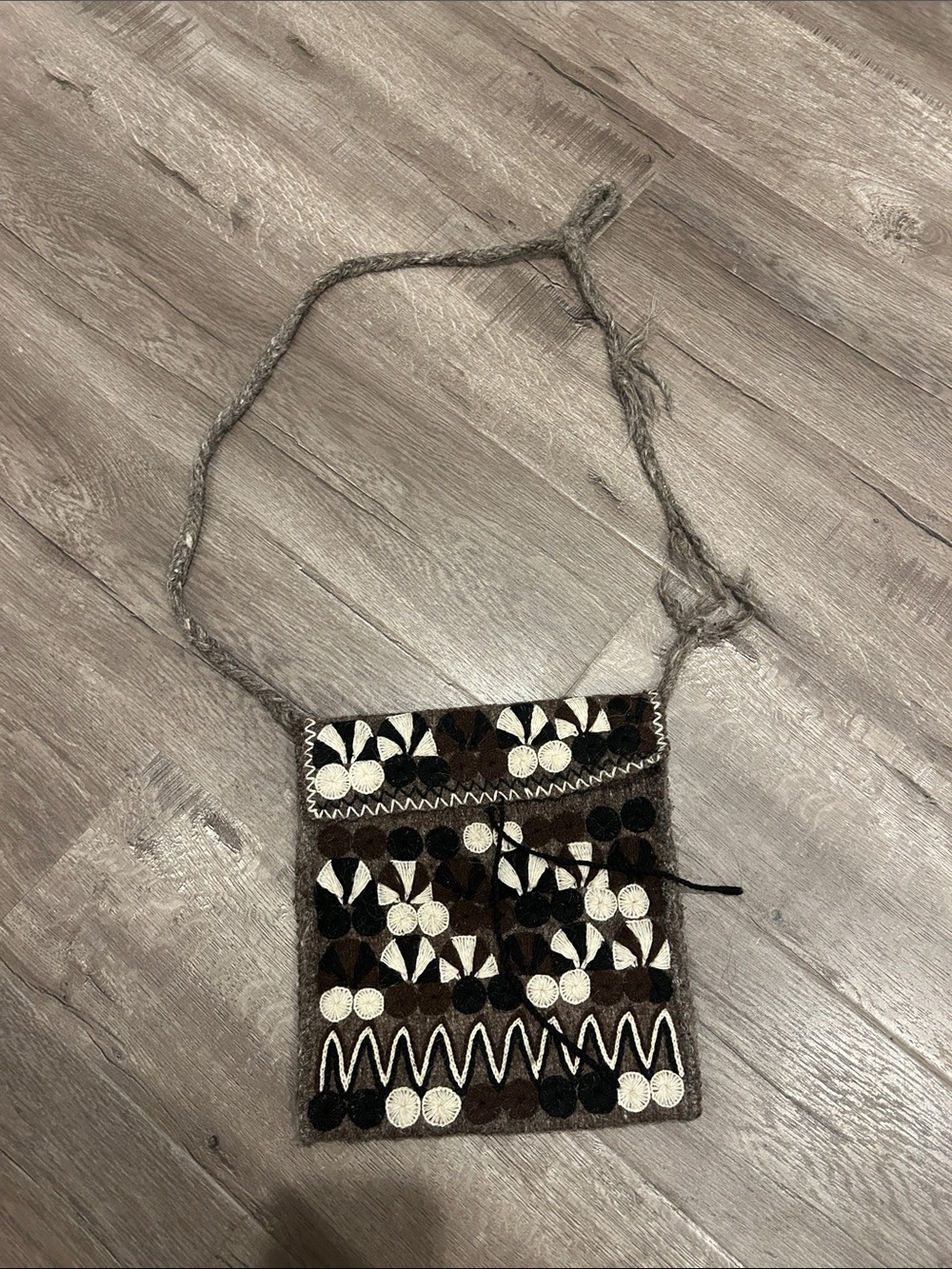 Handmade Wool Brown & Cream Embroidered Crossbody Bag